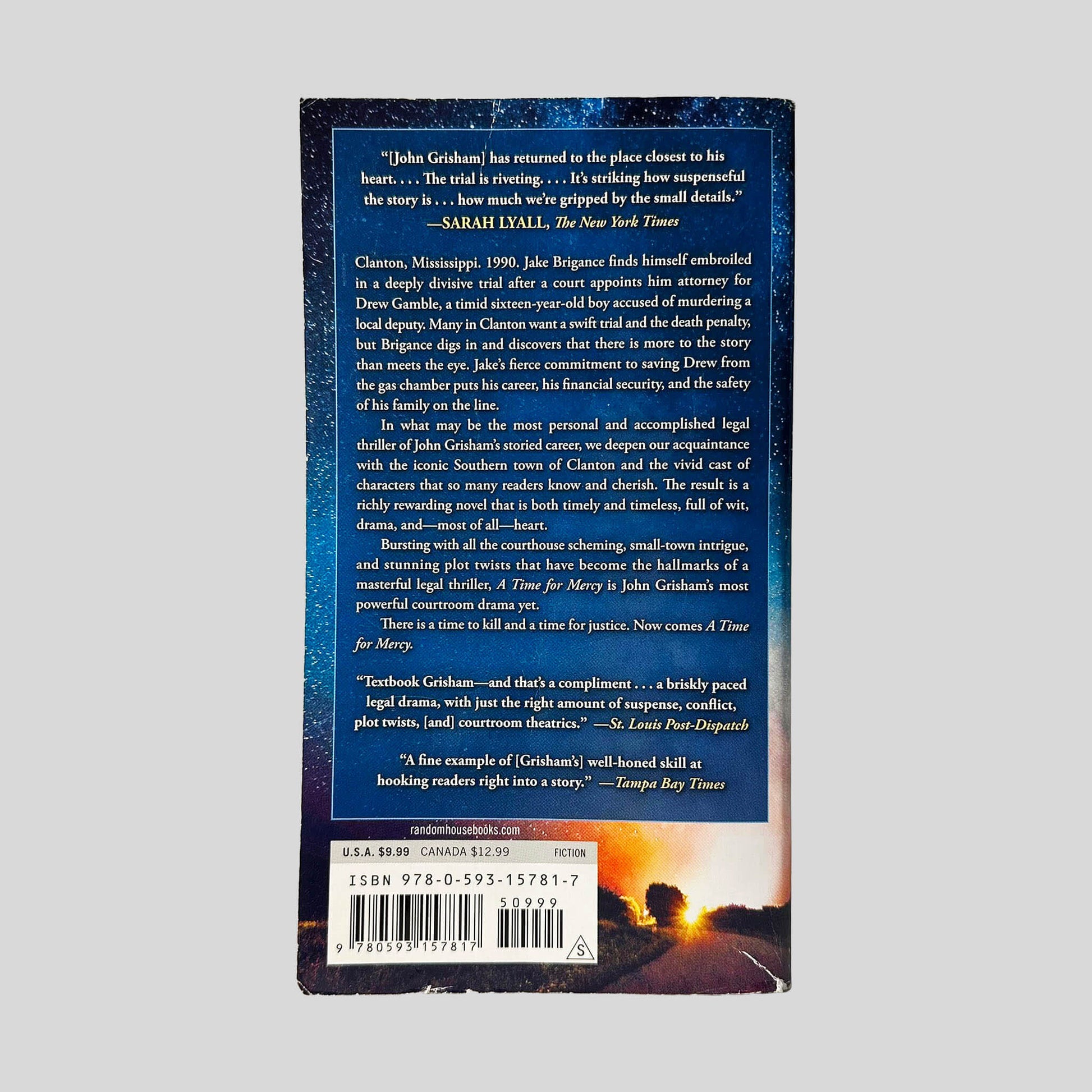 Back cover view of A Time for Mercy by John Grisham centered on a neutral light gray background. 