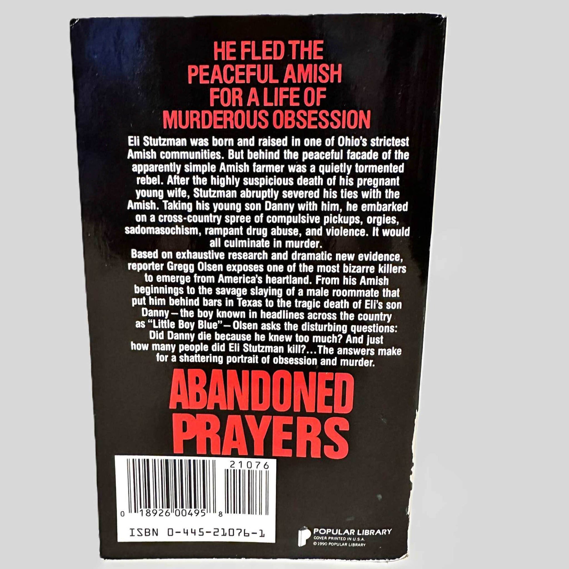 Back cover view of Abandoned Prayers by Gregg Olsen centered on a neutral light gray background. 