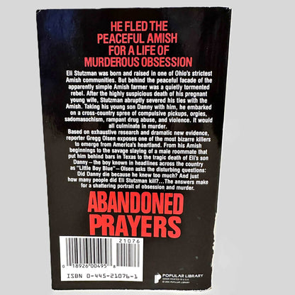 Back cover view of Abandoned Prayers by Gregg Olsen centered on a neutral light gray background. 