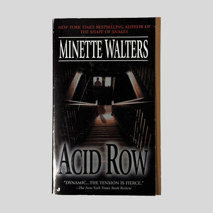 The front cover of "Acid Row" by Minette Walters, featuring a dark, shadowy staircase leading up to a silhouette standing in a lit window at the top.
