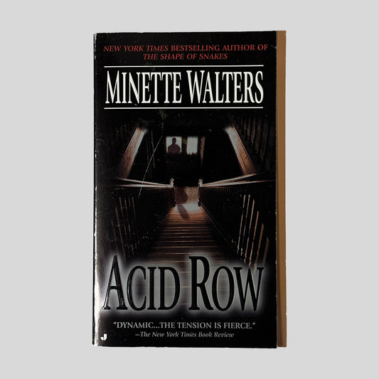 The front cover of "Acid Row" by Minette Walters, featuring a dark, shadowy staircase leading up to a silhouette standing in a lit window at the top.