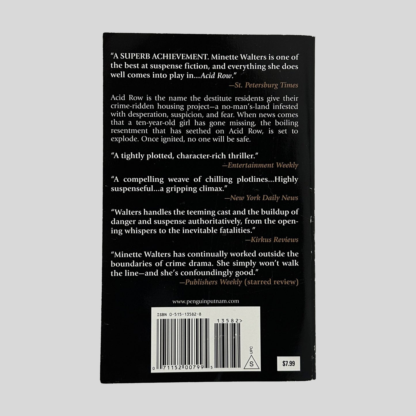 The back cover of the paperback "Acid Row" by Minette Walters, displaying several critical reviews and the Penguin Putnam website.