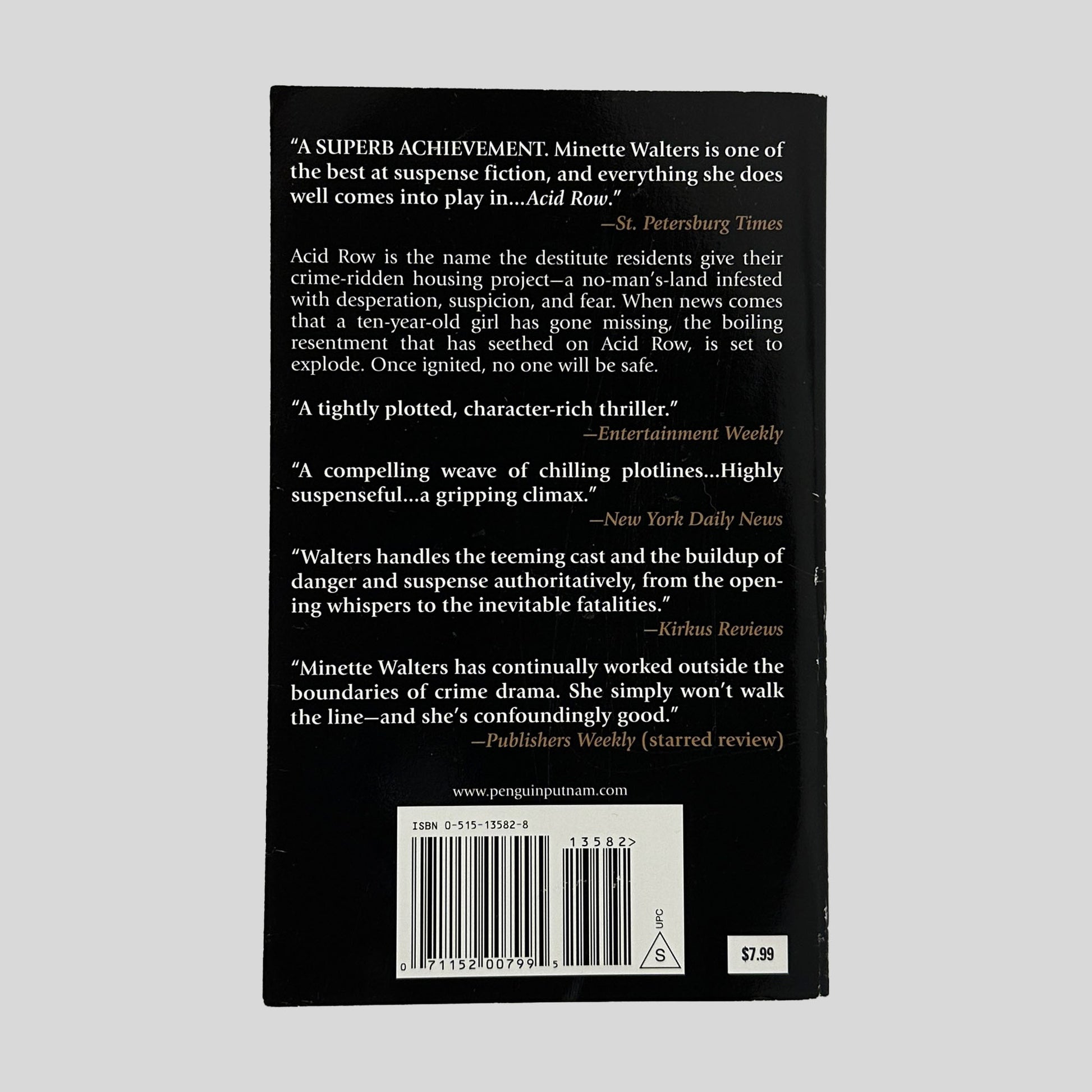 The back cover of the paperback "Acid Row" by Minette Walters, displaying several critical reviews and the Penguin Putnam website.