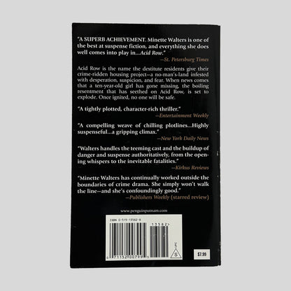 The back cover of the paperback "Acid Row" by Minette Walters, displaying several critical reviews and the Penguin Putnam website.