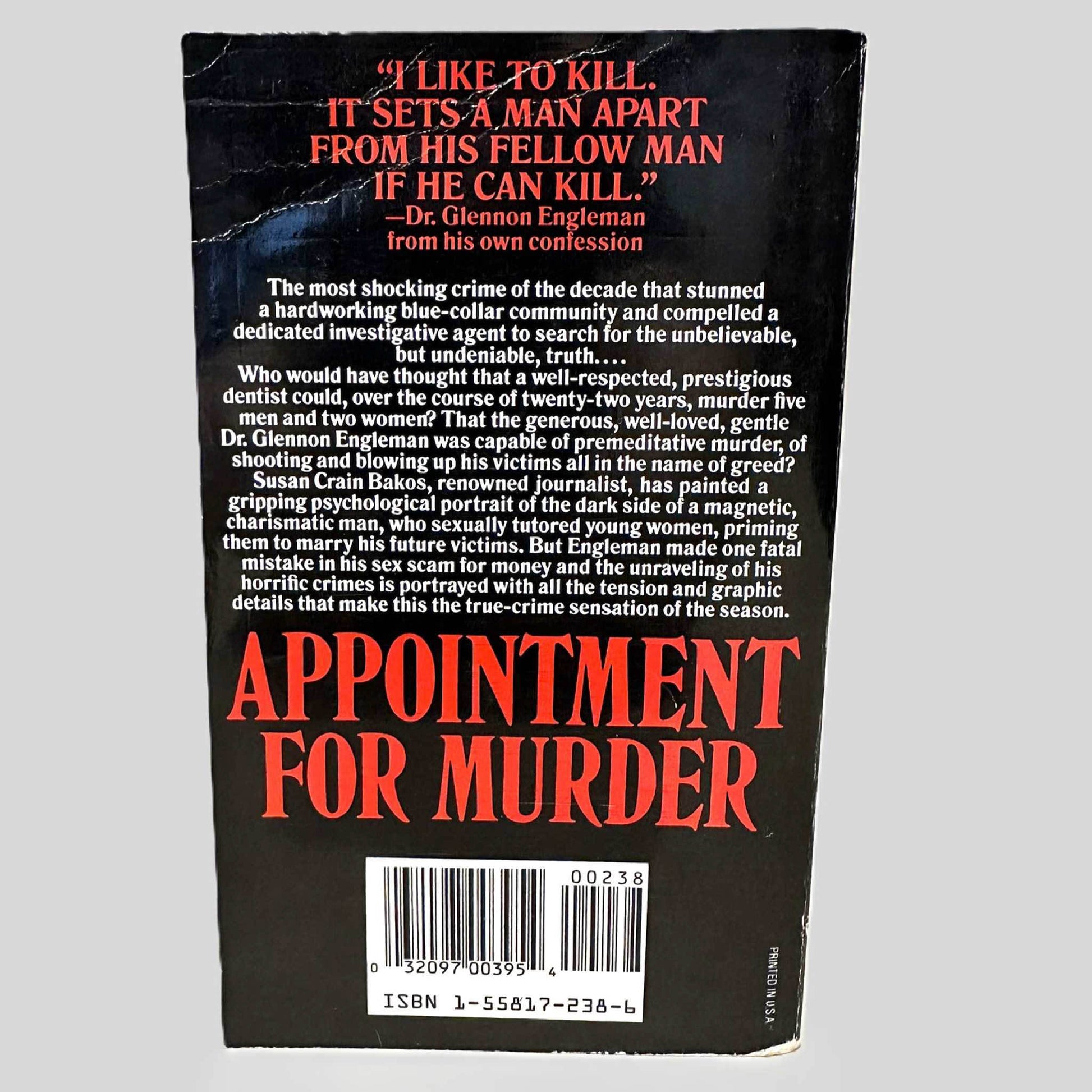 Back cover view of Appointment For Murder by Susan Crain Bakos centered on a neutral light gray background. 