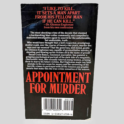 Back cover view of Appointment For Murder by Susan Crain Bakos centered on a neutral light gray background. 