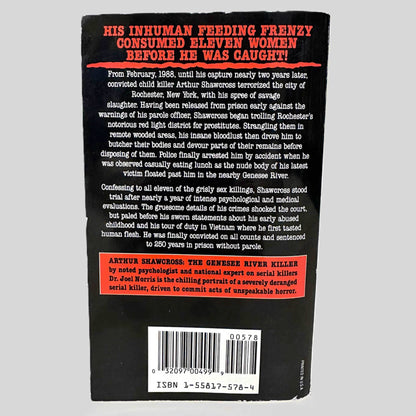 Back cover view of Arthur Shawcross: The Genesee River Killer by Dr. Joel Norris centered on a neutral light gray background. 