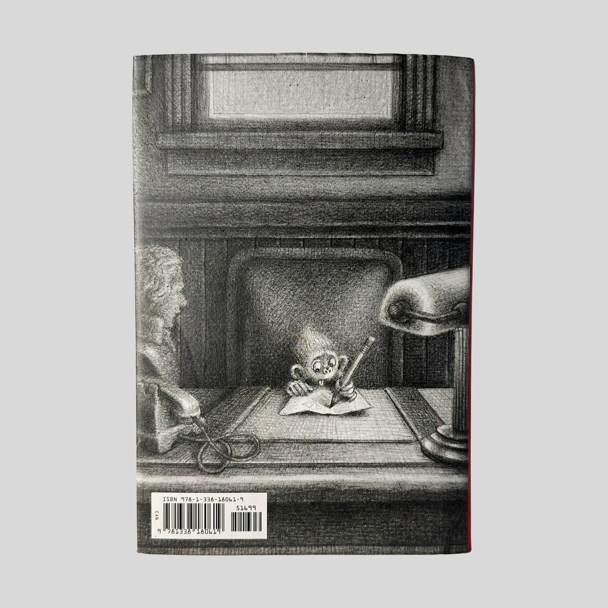 Back cover view of Baby Monkey, Private Eye by Brian Selznick & David Serlin centered on a neutral light gray background. Dust jacket is present and shows no damage.
