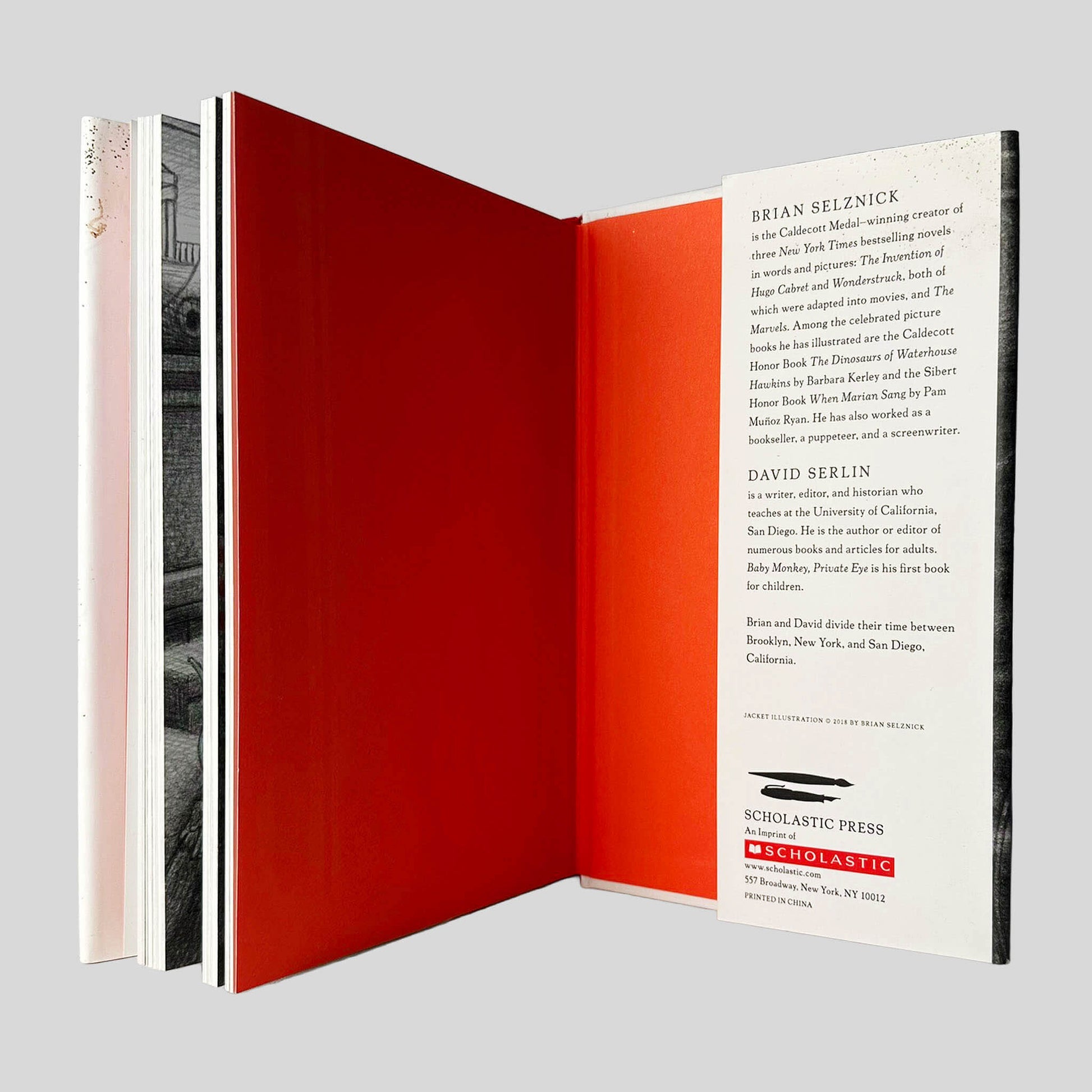 Inside back cover view of Baby Monkey, Private Eye by Brian Selznick & David Serlin centered on a neutral light gray background. Dust jacket is present and shows no damage.
