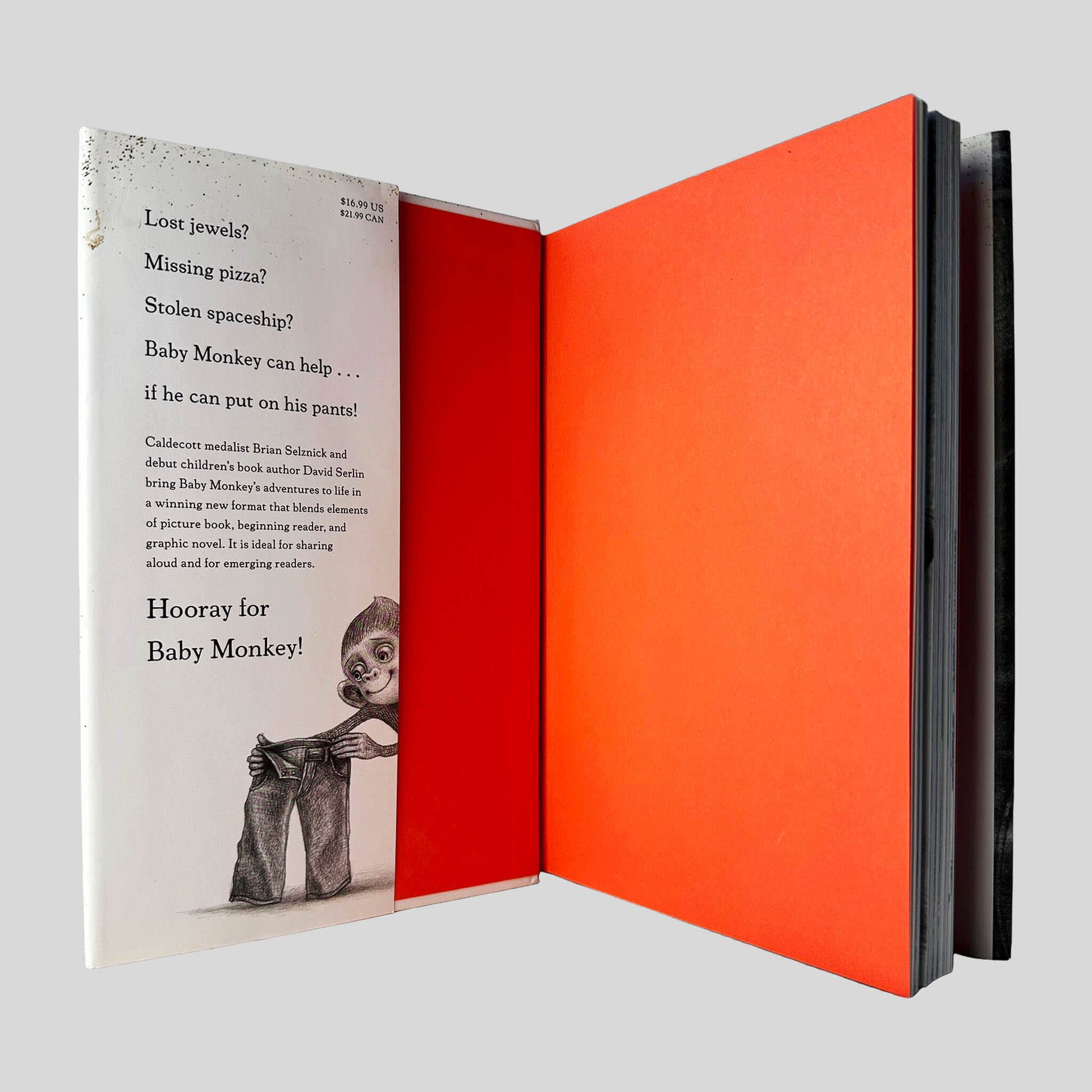 Inside front cover view of Baby Monkey, Private Eye by Brian Selznick & David Serlin centered on a neutral light gray background. Dust jacket is present and shows no damage.