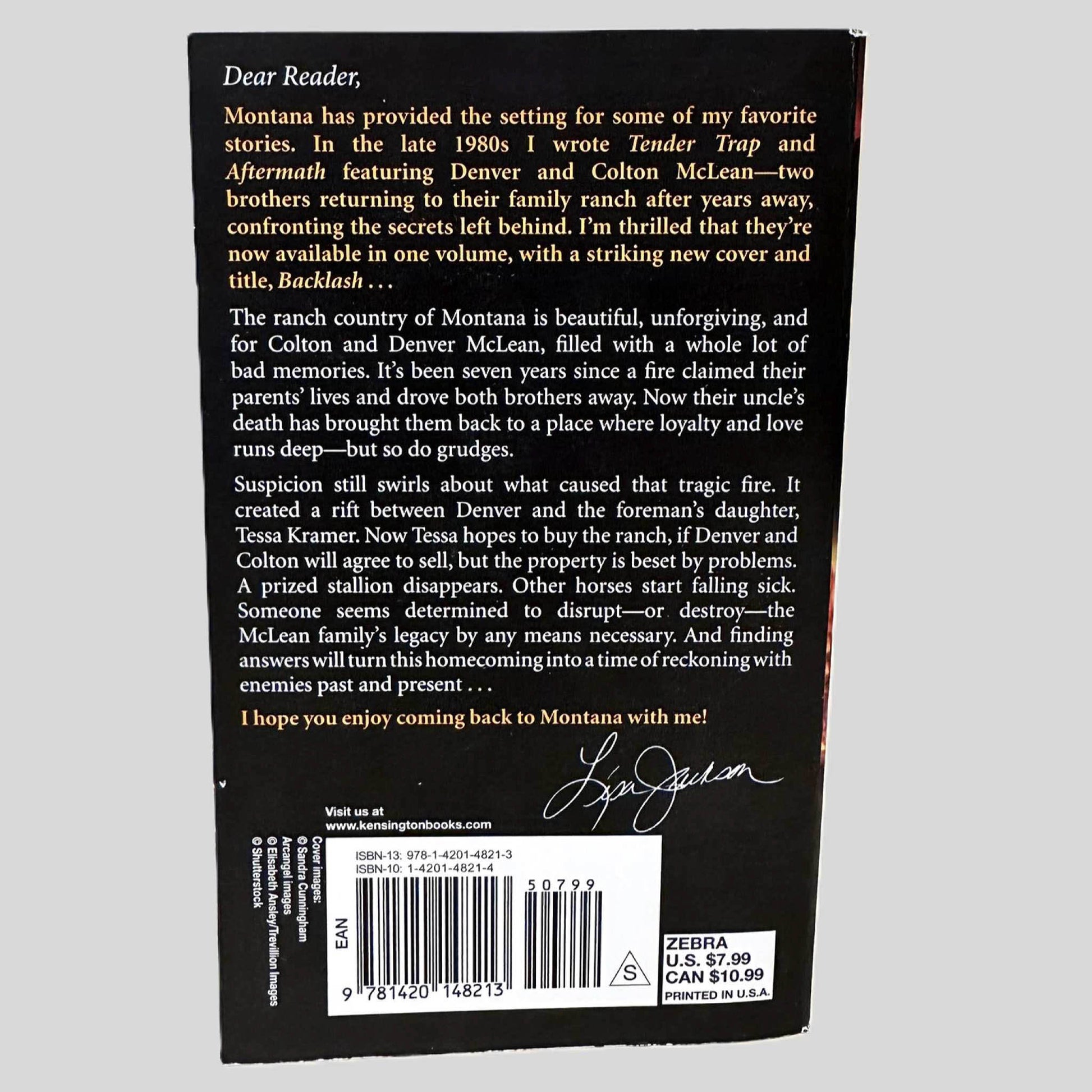 Back cover view of Backlash by Lisa Jackson centered on a neutral light gray background. 