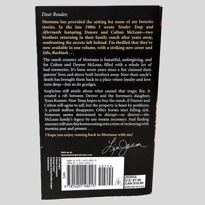 Back cover view of Backlash by Lisa Jackson centered on a neutral light gray background. 