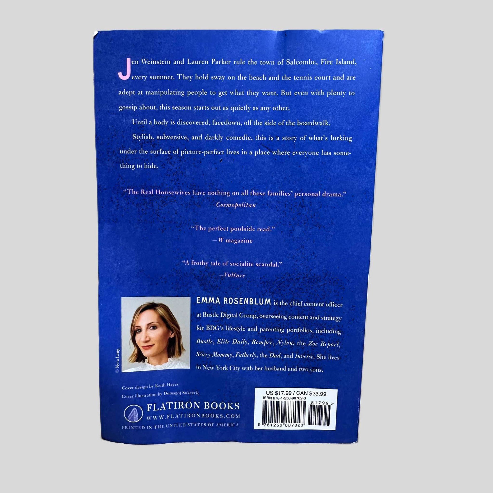 Back cover view of Bad Summer People by Emma Rosenblum centered on a neutral light gray background. Back cover has a wave in the left lower corner.