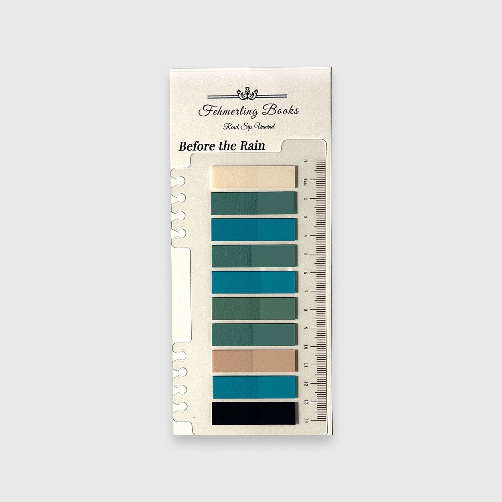 Fehmerling Books "Before the Rain" book journaling tabs featuring deep teal, forest green, and light beige notes on a notched ruler card.