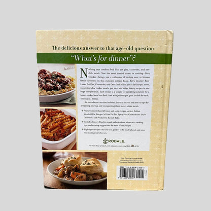 Back cover view of Betty Crocker Best-Loved Pot Pies, Casseroles, and One-Dish Meals centered on a neutral light gray background. Bumping to top right corner.