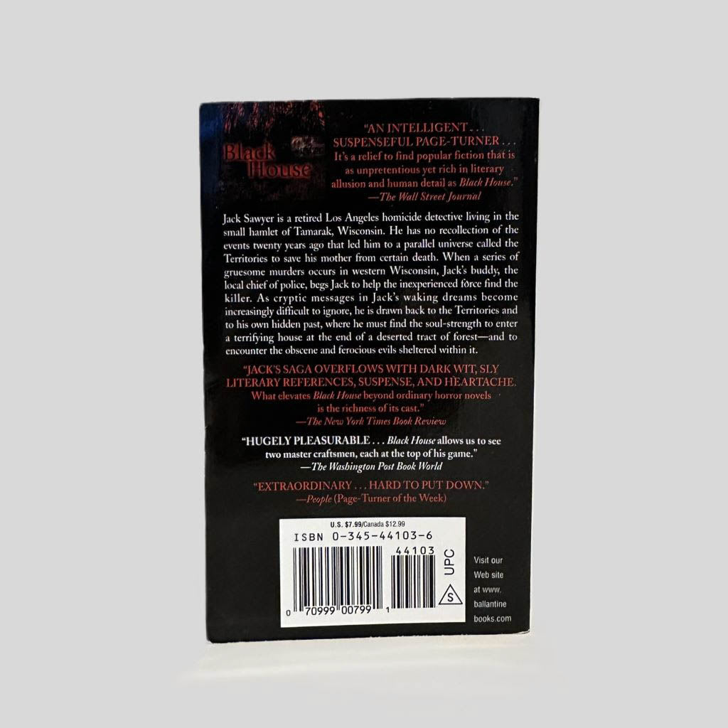 Back cover view of Black House by Stephen King and Peter Straub centered on a neutral light gray background. 