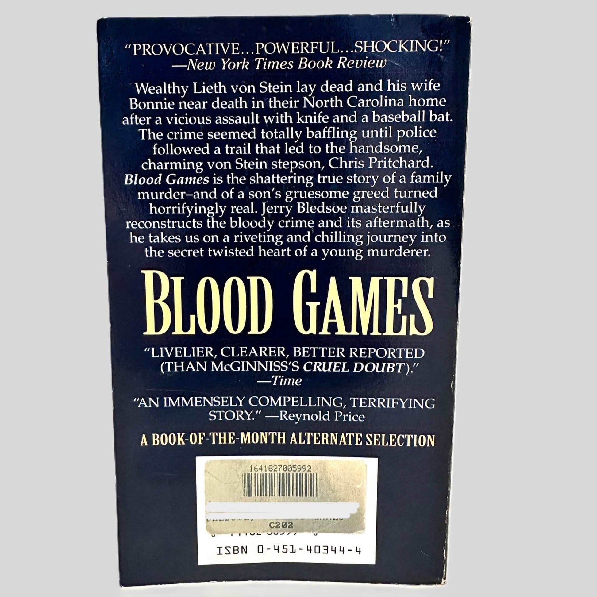 Back cover view of Blood Games by Jerry Bledsoe centered on a neutral light gray background.