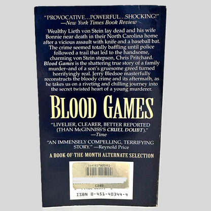 Back cover view of Blood Games by Jerry Bledsoe centered on a neutral light gray background.