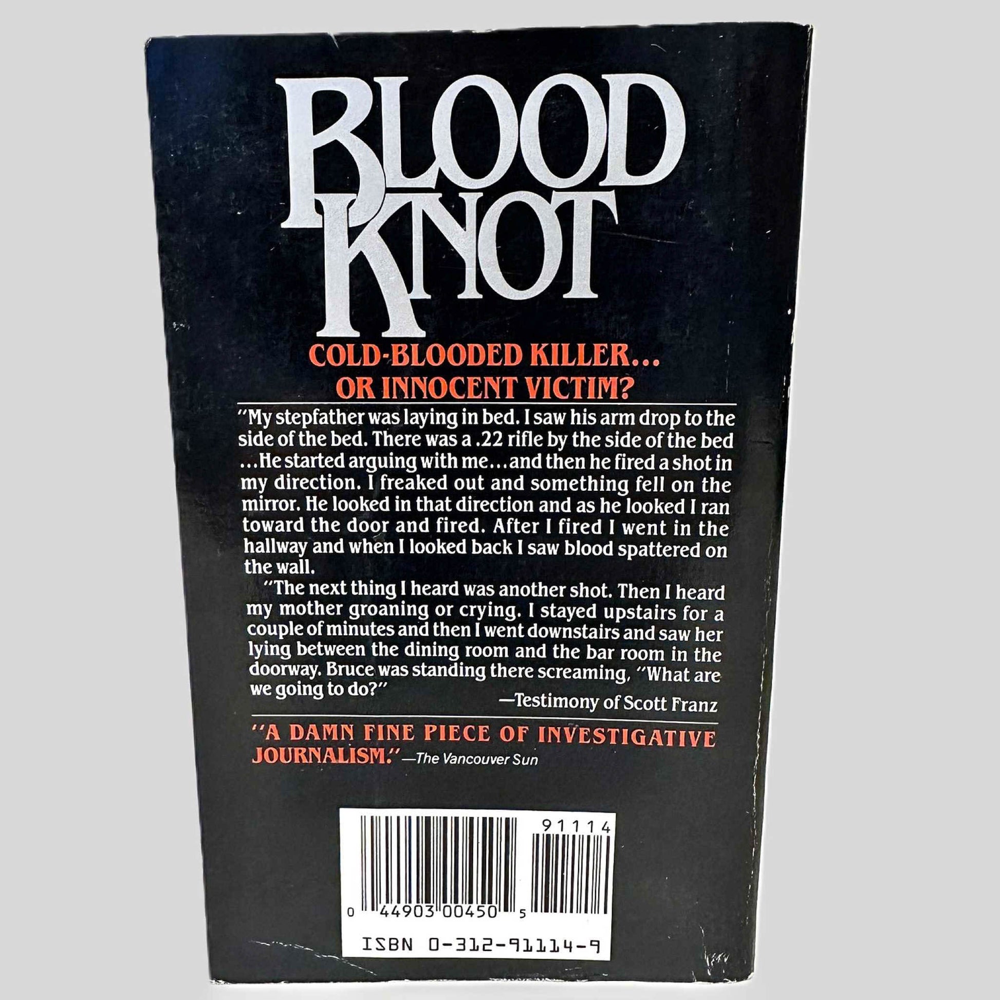 Back cover view of Blood Knot by David Hayes centered on a neutral light gray background. 