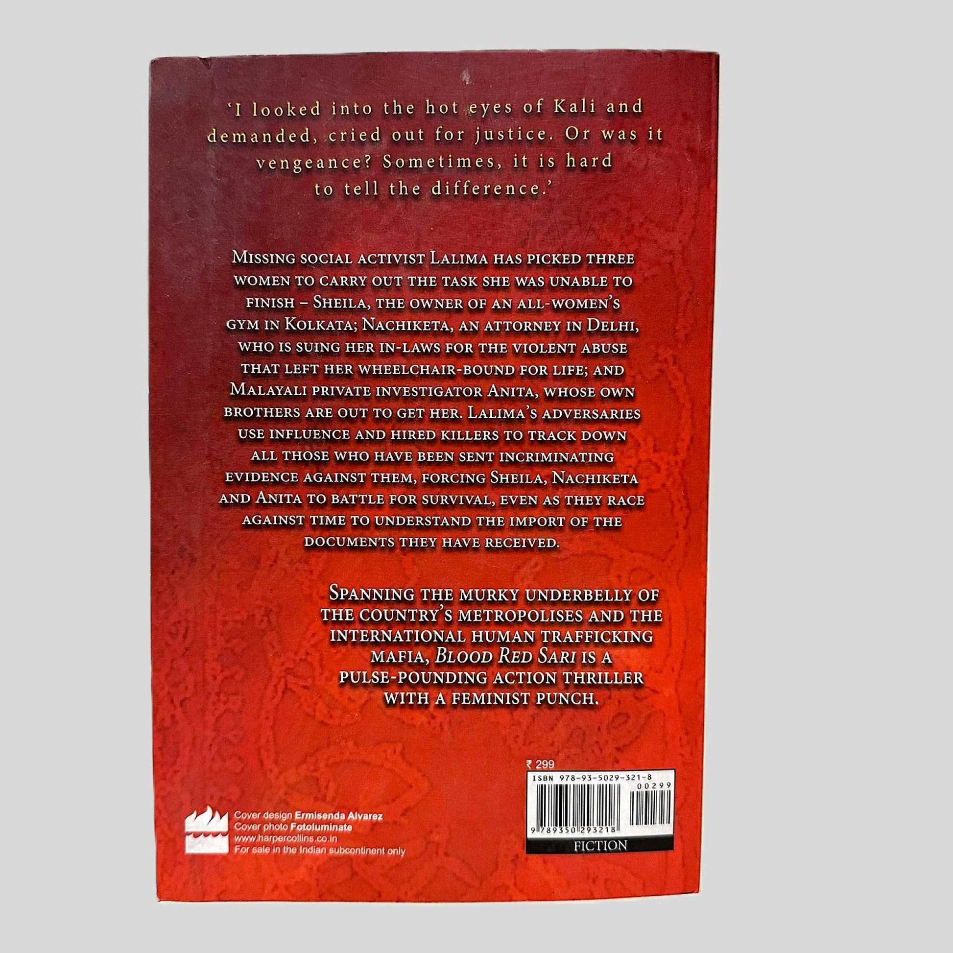 Back cover view of Blood Red Sari by Ashok Banker centered on a neutral light gray background. 
