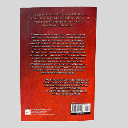 Back cover view of Blood Red Sari by Ashok Banker centered on a neutral light gray background. 