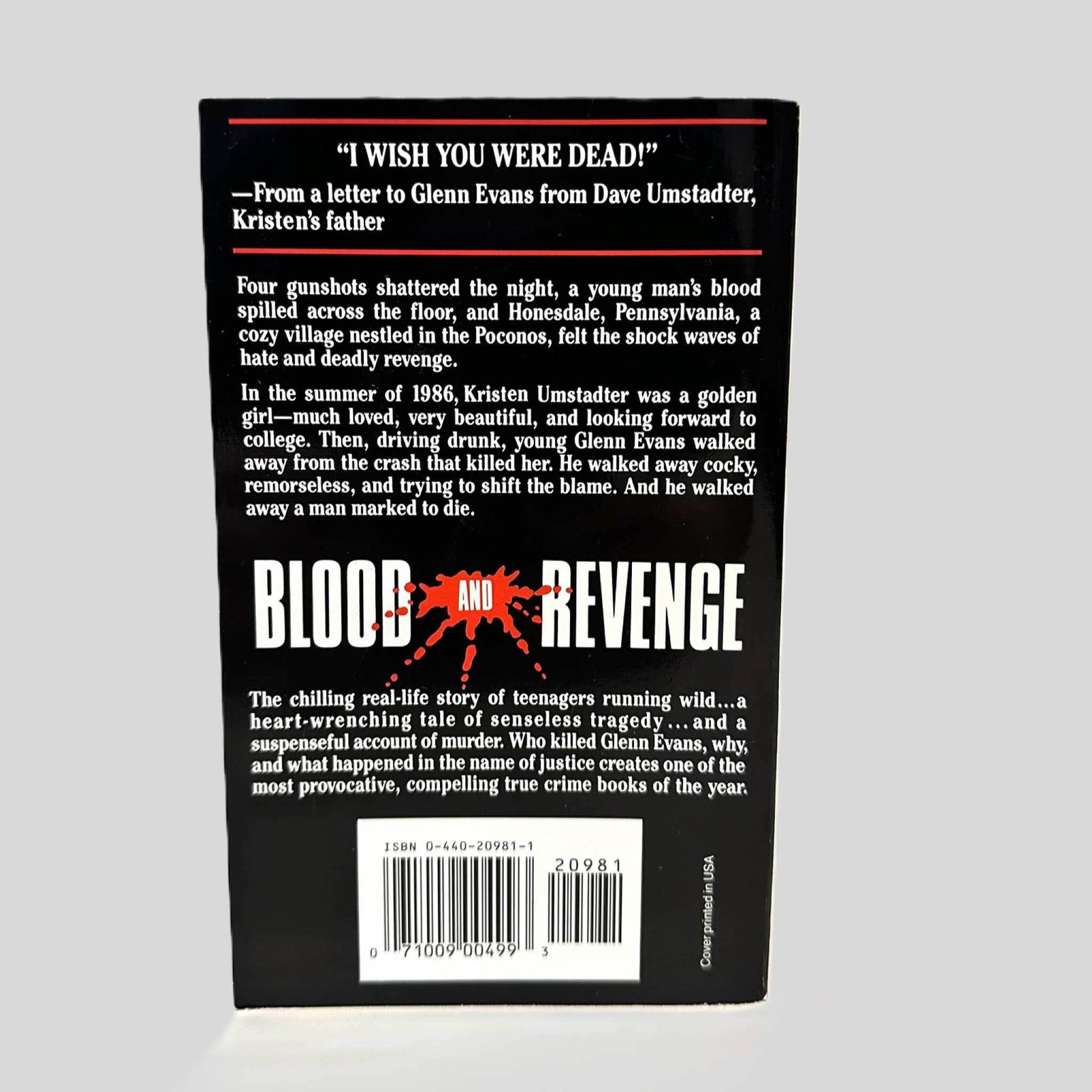 Back cover view of Blood and Revenge by Michael Dorman centered on a neutral light gray background. 