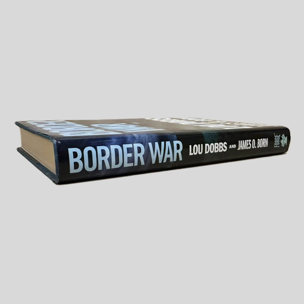 Close-up spine view of Border War by Dobbs & Born centered on a neutral light gray background. Spine shows creasing. Dust jacket is present and undamaged.