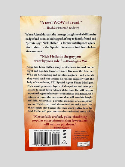 Back cover view of Buried Secrets by Joseph Finder centered on a neutral light gray background. 