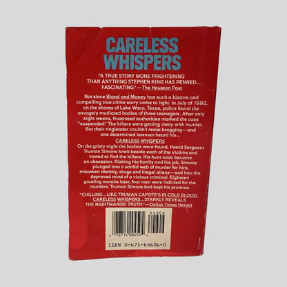 Back cover view of Careless Whispers by Carlton Stowers centered on a neutral light gray background. 