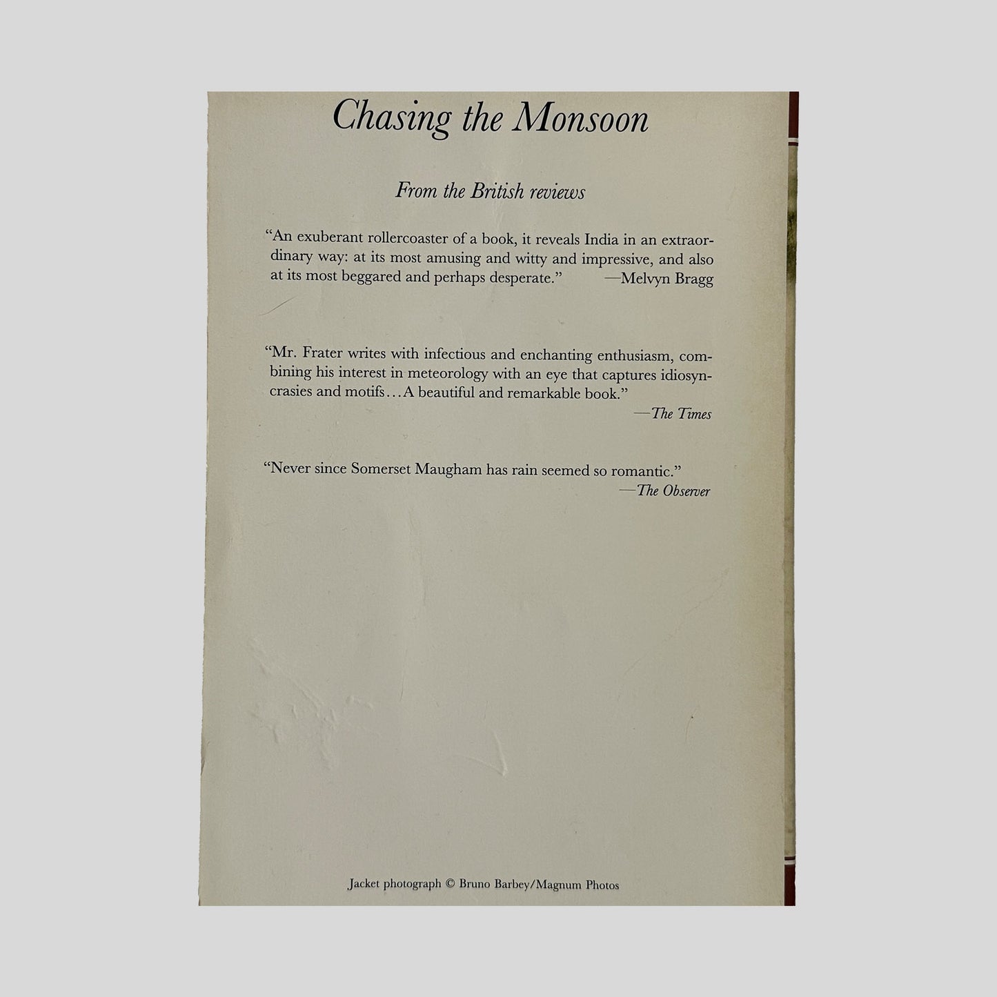 The back cover of "Chasing the Monsoon" by Alexander Frater, displaying positive reviews from British publications including The Times and The Observer.
