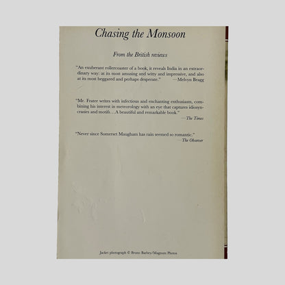 The back cover of "Chasing the Monsoon" by Alexander Frater, displaying positive reviews from British publications including The Times and The Observer.