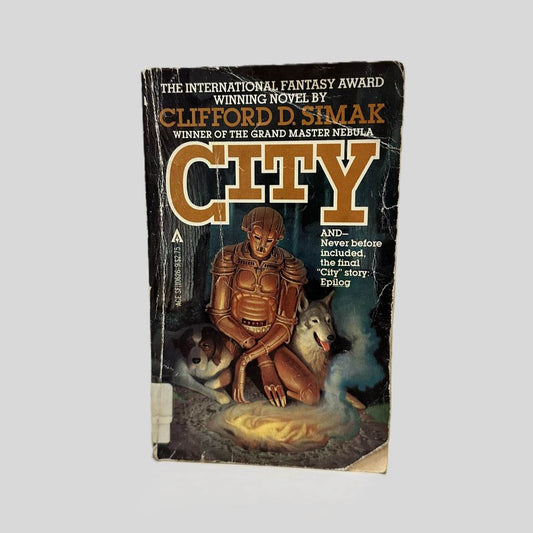 Front cover view of City by Clifford D. Simak centered on a neutral light gray background. Significant creasing the front cover is present. Significant chip to the bottom right corner. Cover art is remains vibrant in color.