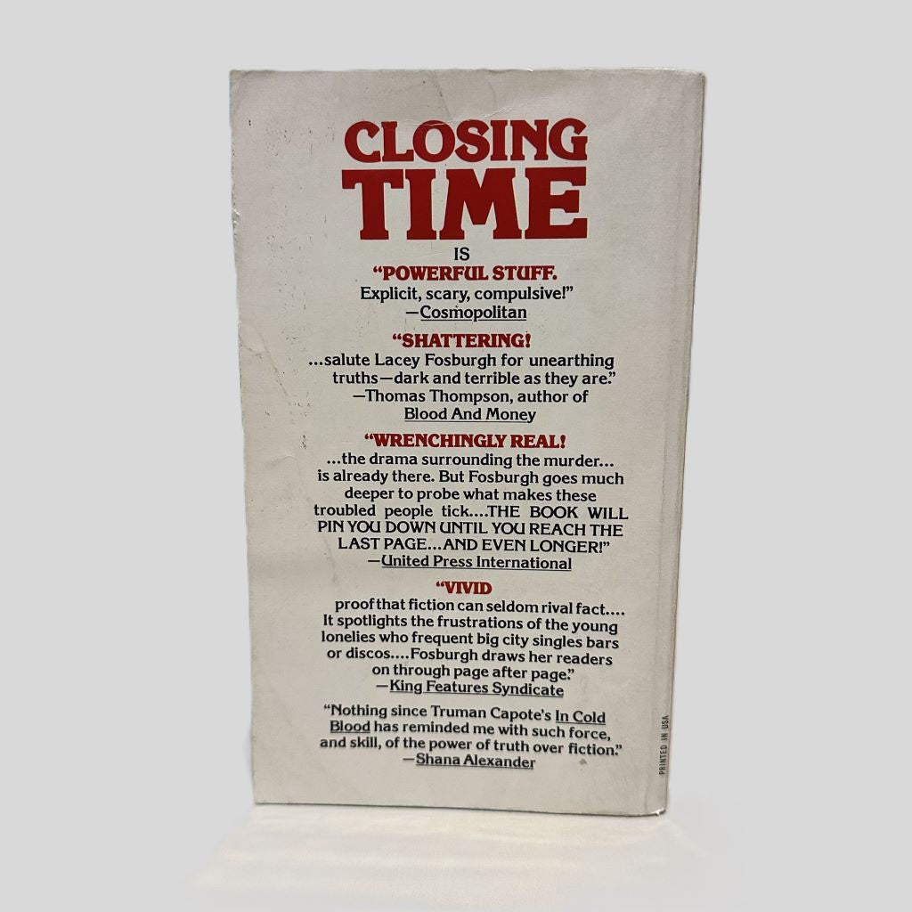 Back cover view of Closing Time by Lacey Fosburgh centered on a neutral light gray background. 