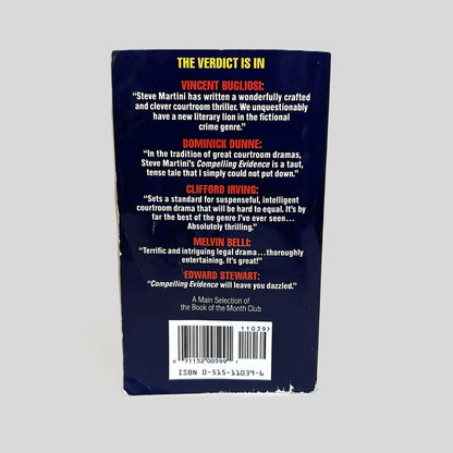 Back cover view of Compelling Evidence by Steve Martini centered on a neutral light gray background. 