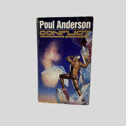 Front cover view of Conflict by Poul Anderson centered on a neutral light gray background. Creasing across the top right corner. Chipping along the bottom edge. Cover art is vibrant.