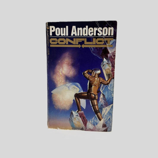 Front cover view of Conflict by Poul Anderson centered on a neutral light gray background. Creasing across the top right corner. Chipping along the bottom edge. Cover art is vibrant.