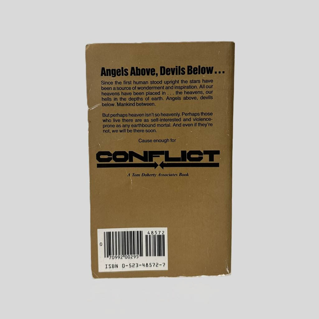 Back cover view of Conflict by Poul Anderson centered on a neutral light gray background. Chipping and creasing around the edges are present.