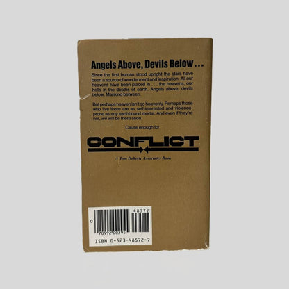 Back cover view of Conflict by Poul Anderson centered on a neutral light gray background. Chipping and creasing around the edges are present.