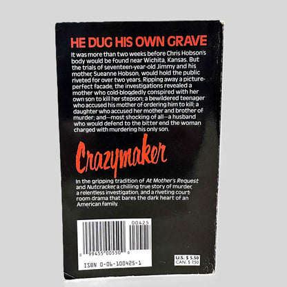 Back cover view of Crazymaker by Thomas J. O'Donnell centered on a neutral light gray background. 