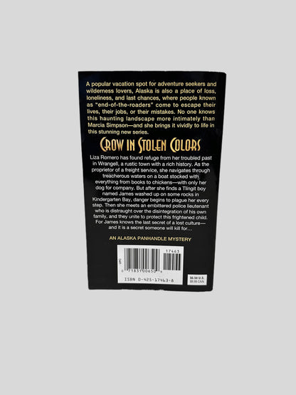 Back cover view of Crow in Stolen Colors (Autographed Copy) by Marcia Simpson centered on a neutral light gray background. 