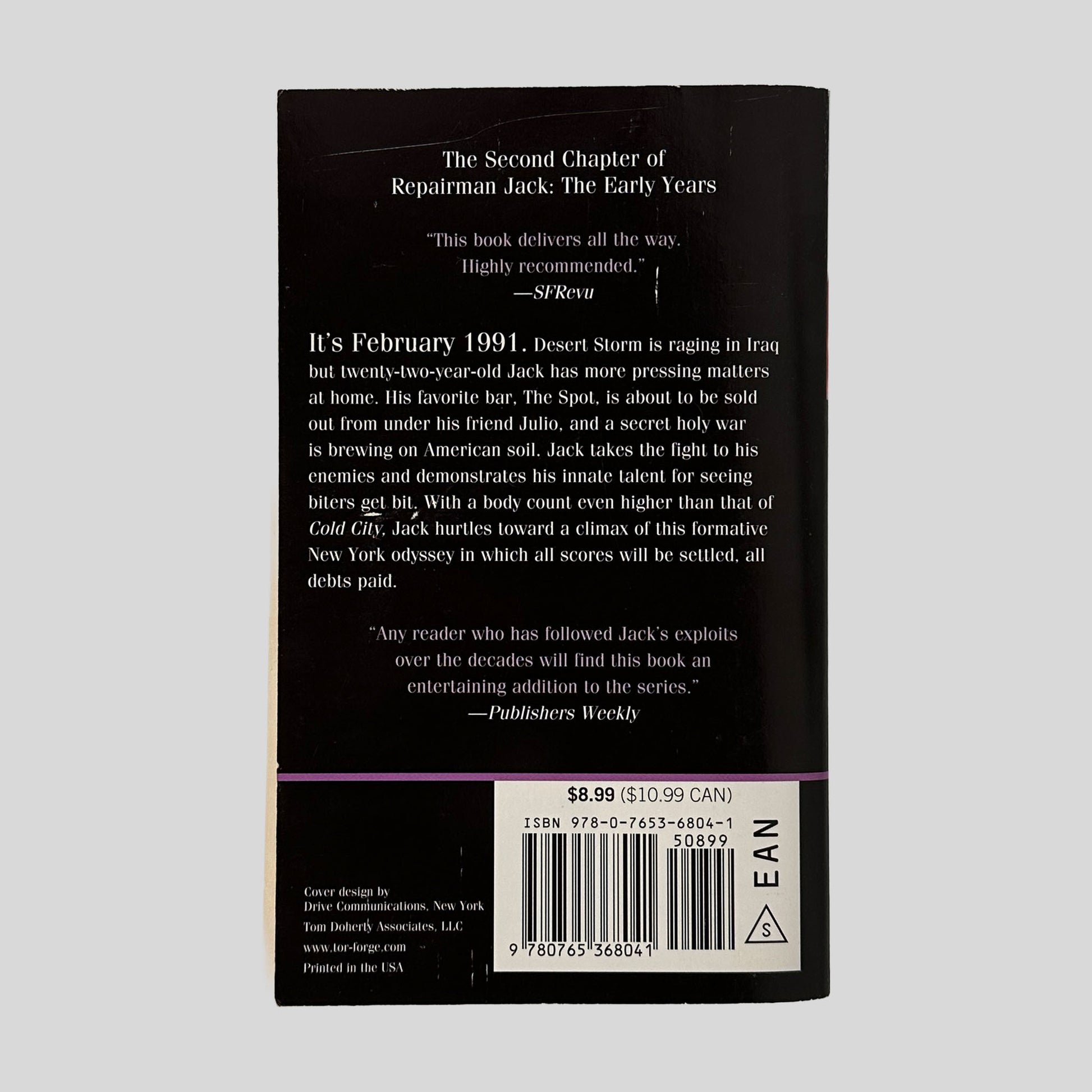 Back cover view of Dark City by F Paul Wilson centered on a neutral light gray background. 