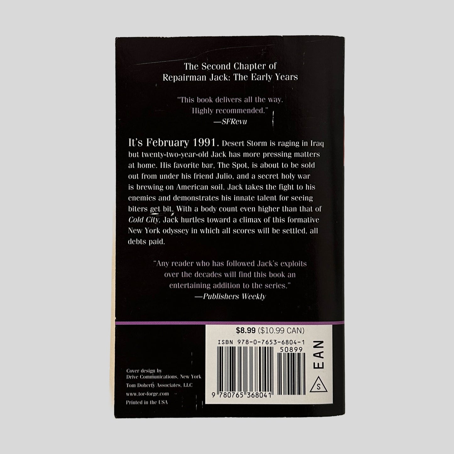 The black back cover of Dark City, displaying a plot summary about Jack's 1991 New York odyssey and a quote from Publishers Weekly.