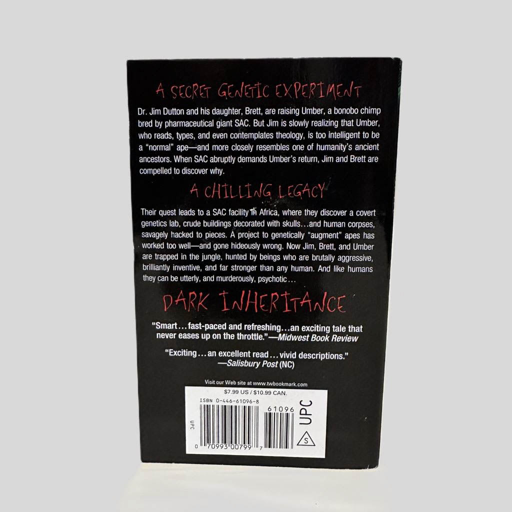 Back cover view of Dark Inheritance by W. Michael Gear & Kathleen O'Neal Gear centered on a neutral light gray background. 