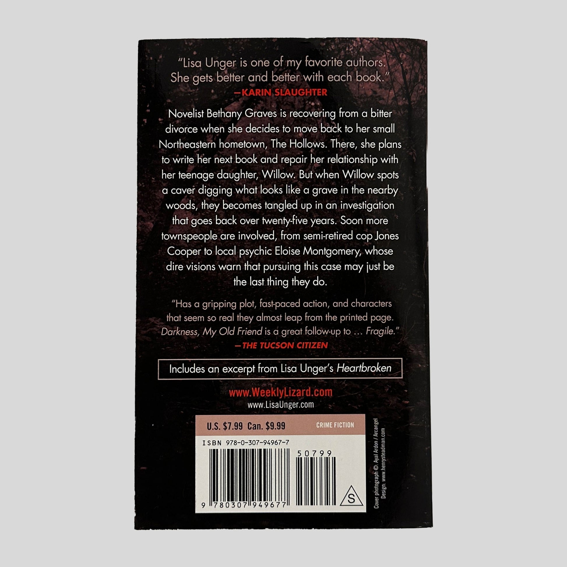 Back Cover: This crisp, "Used - Like New" paperback edition of Lisa Unger’s Darkness, My Old Friend is presented against a clean, neutral background, showcasing its chilling and cinematic design. 