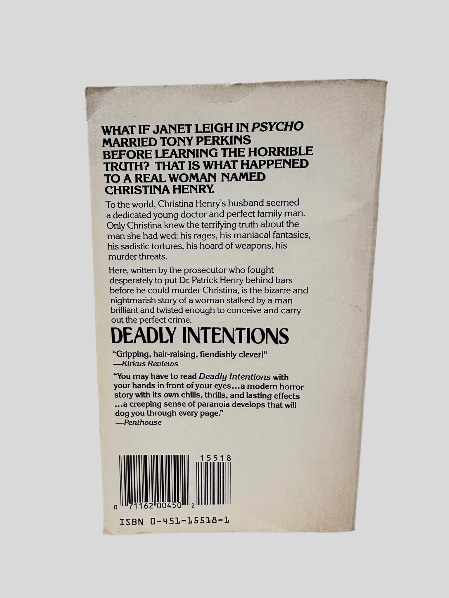 Back cover view of Deadly Intentions by William Randolph Stevens centered on a neutral light gray background. 