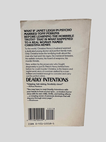 Back cover view of Deadly Intentions by William Randolph Stevens centered on a neutral light gray background. 