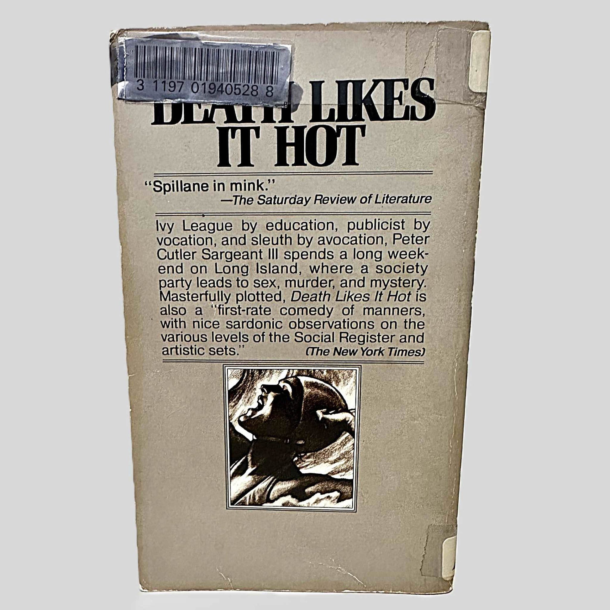 Back cover view of Death Likes It Hot by Edgar Box centered on a neutral light gray background. Back cover shows chipping around the edges. There is a library barcode sticker in the top corner, colored over with black marker.