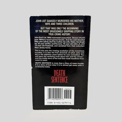 Back cover view of Death Sentence by Joe Sharkey centered on a neutral light gray background. 