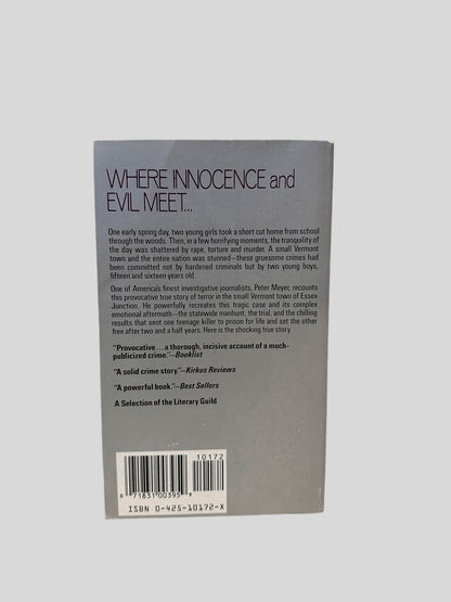 Back cover view of Close-up spine view of Death of Innocence by Pete Meyer centered on a neutral light gray background. 