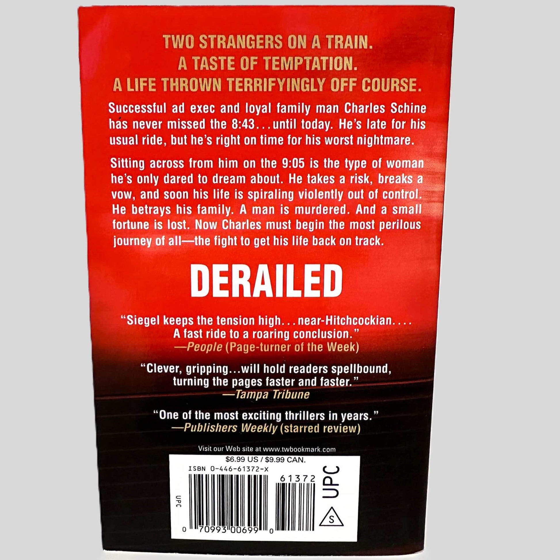Back cover view of Derailed by James Siegel centered on a neutral light gray background. 